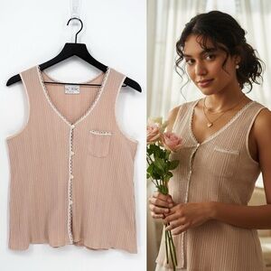 Vintage Val Mode Coquette Waffle Knit Lingerie Tank Pale Pink | Large
